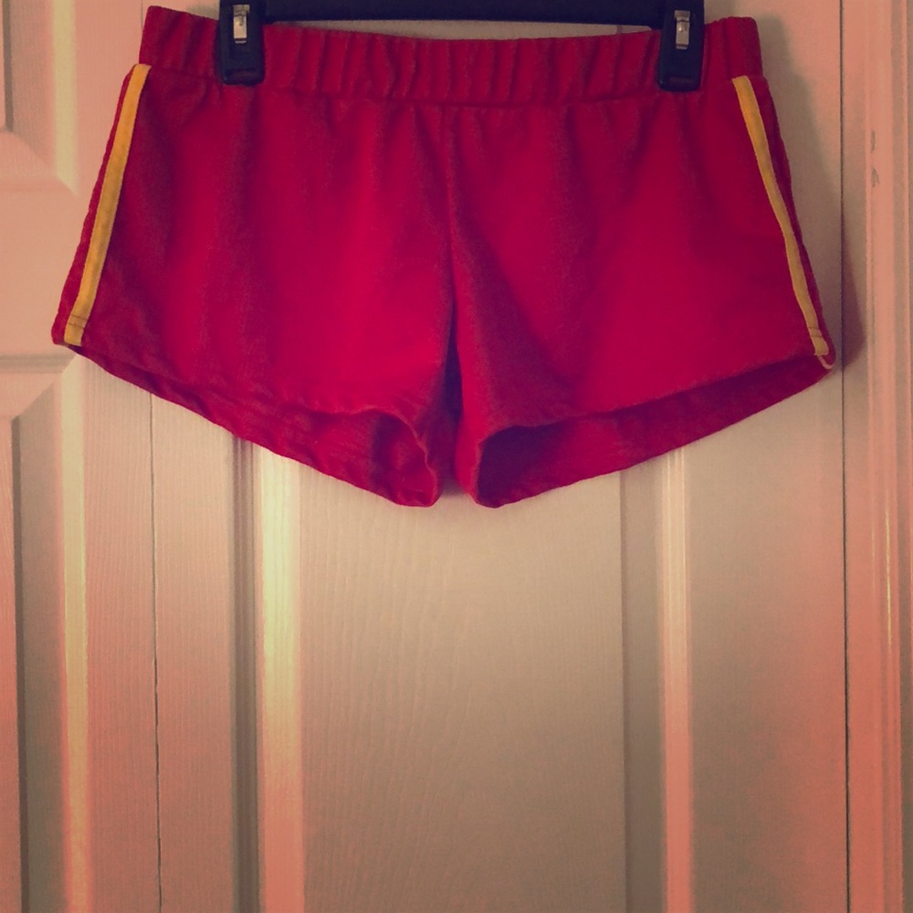 Red Gym Shorts, Yellow Stripes, Size Small
